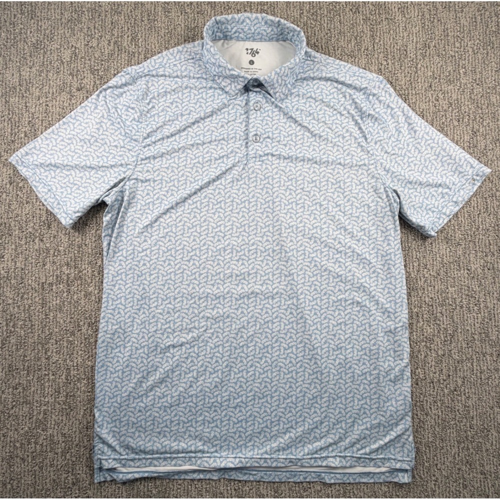1764 Polo Shirt Mens Large Blue Motorcycle Print Short Sleeve Stretch Golf Top
